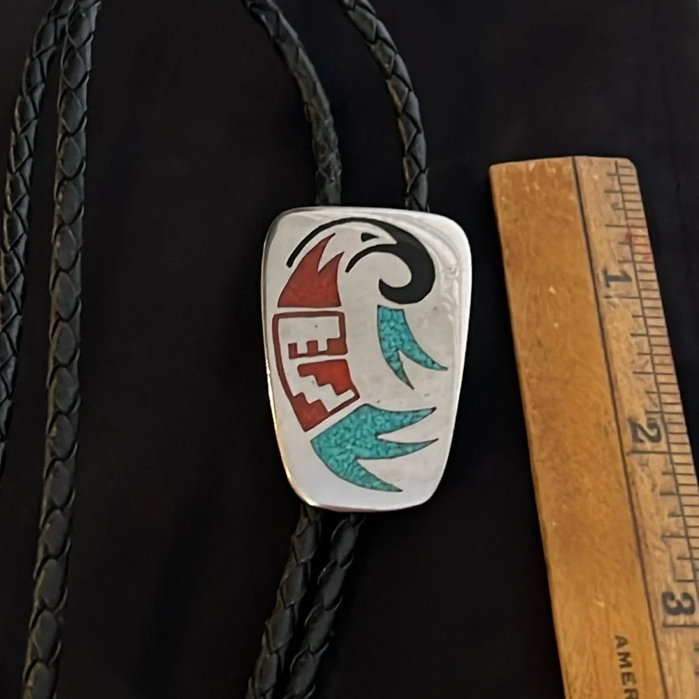 Unsigned silver tone turquoise & coral western bolo tie